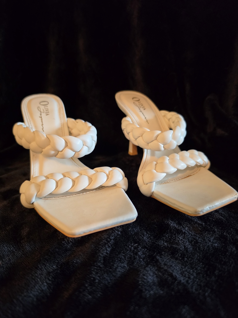 Braided Double-Strap White Heeled Sandals by Olivia Jaymes